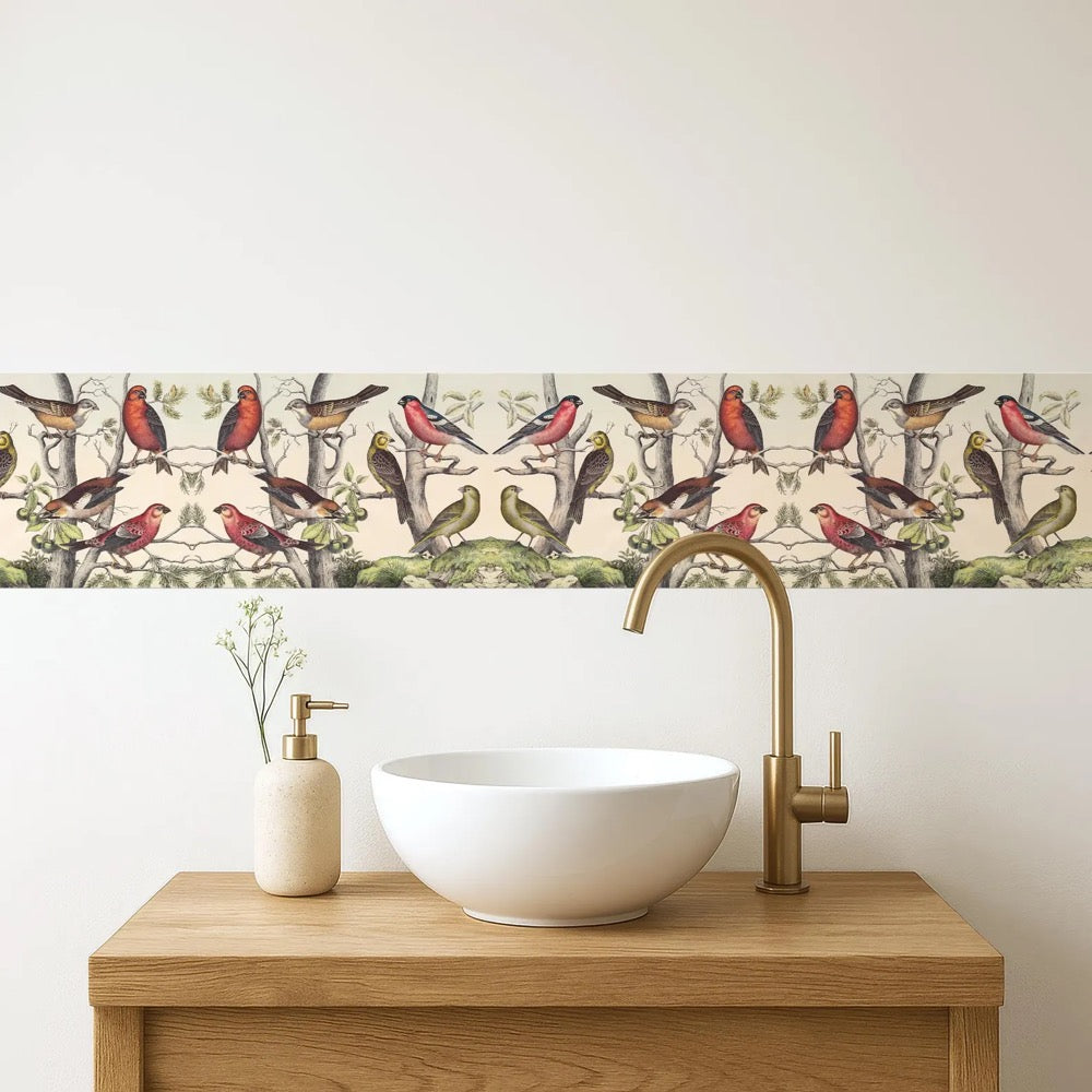 Vintage Finches Bird Print Wallpaper, Peel and Stick Border for Kitchen or Nursery Decor. VIN009
